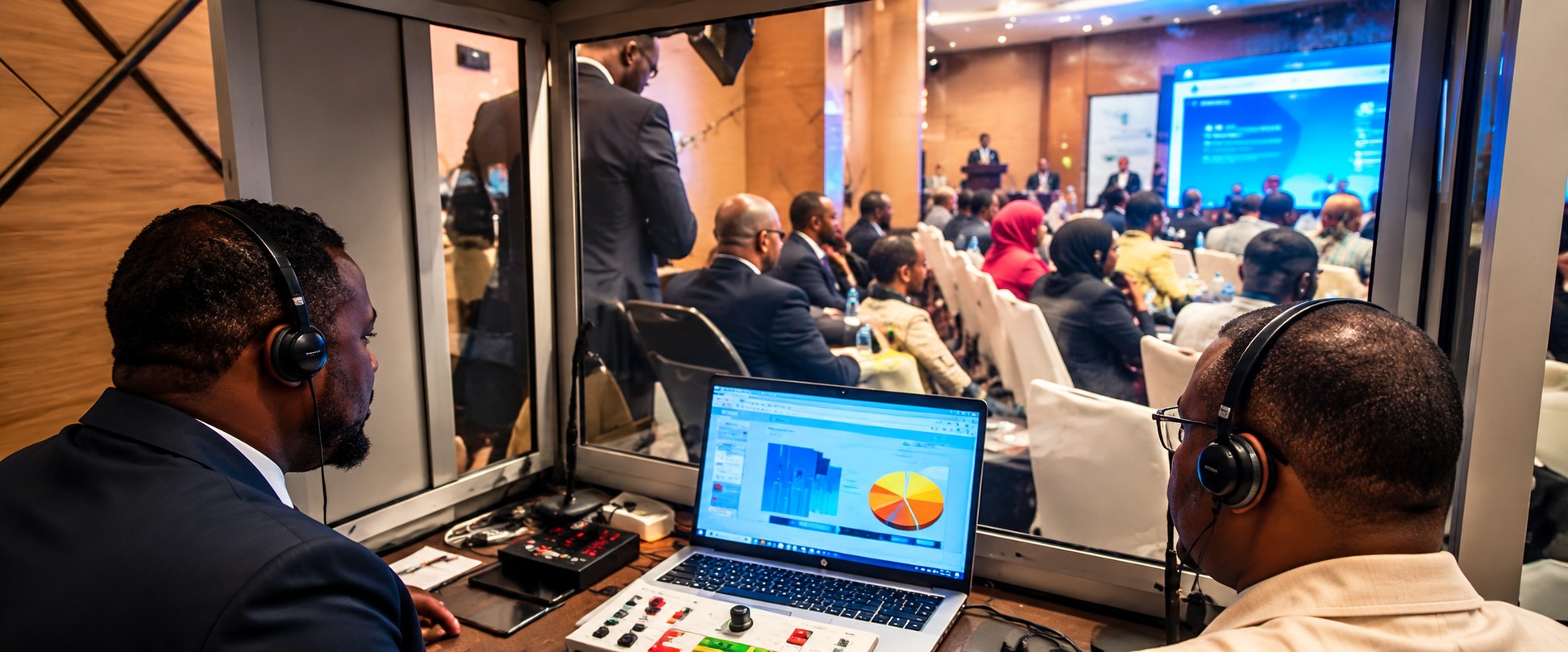Danjire interpreters working from a glass booth as delegates follow proceedings in the conference hall beyond