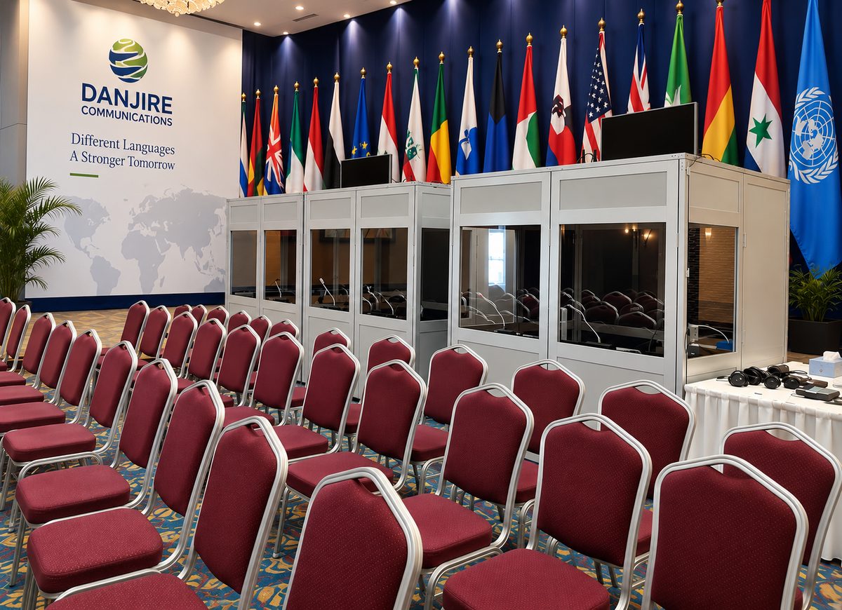 Danjire Communications interpretation booths and flags at a multilingual conference
