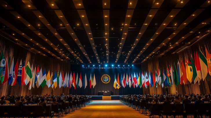 Delegates and interpreters at a large multilingual international conference