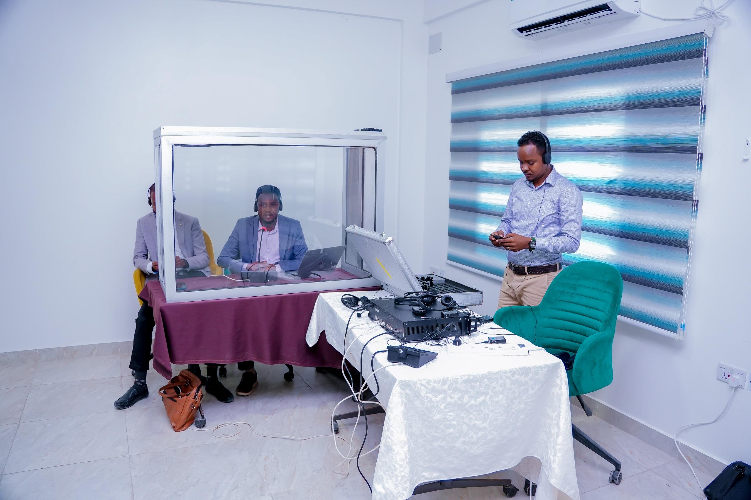 Interpretation console and headset ready in a conference hall